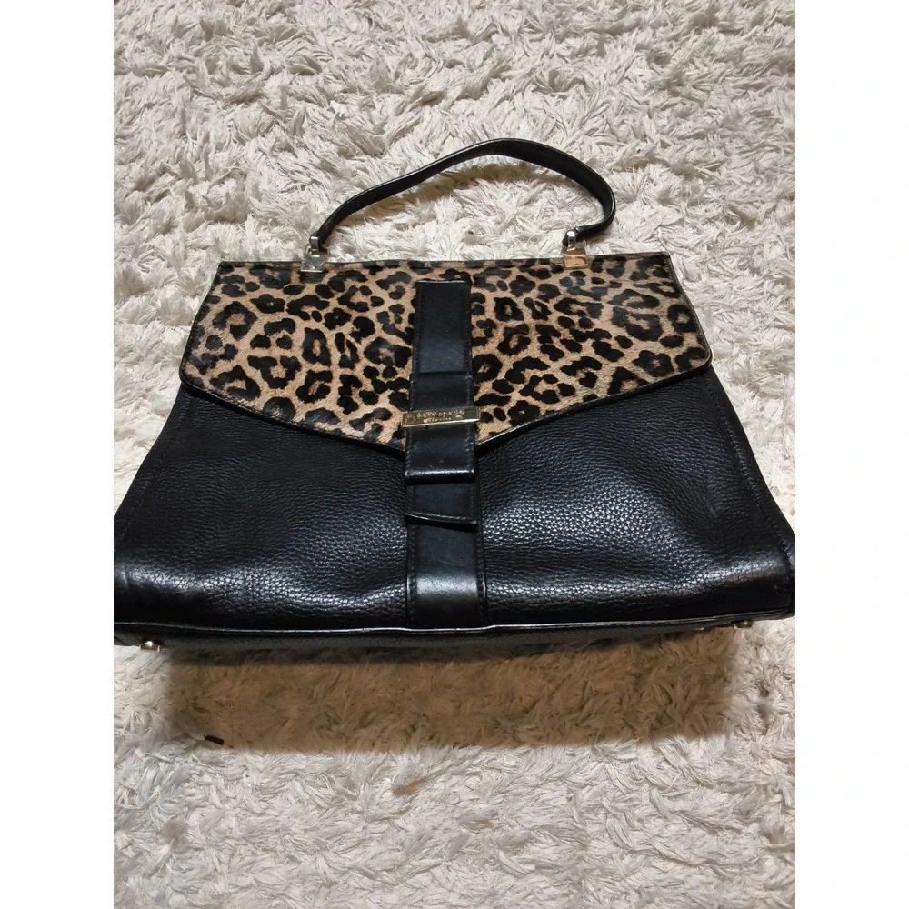 Kate Spade Black Pebbled Leather Leopard Calf Hair Satchel Bag PXRU5066